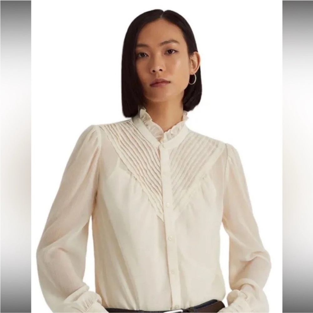 Lauren Ralph Lauren Crinkle Georgette Blouse Mascarpone Cream Size M, no tags